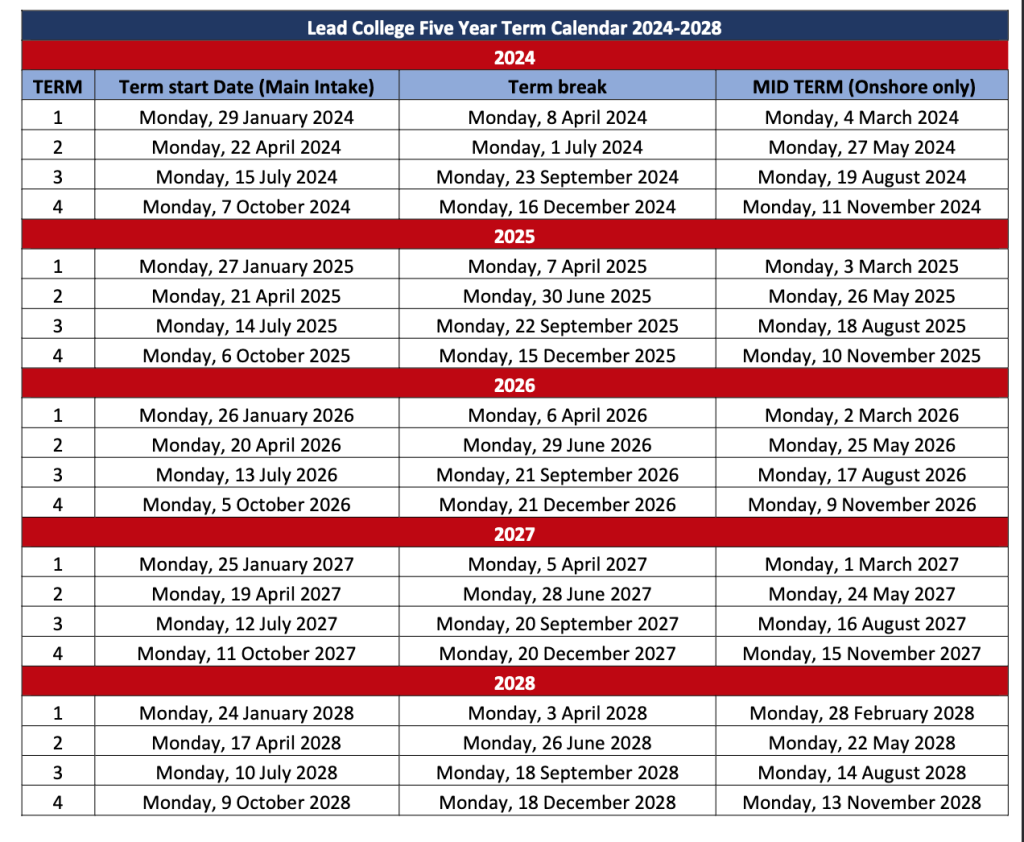 Term Calendar Lead College